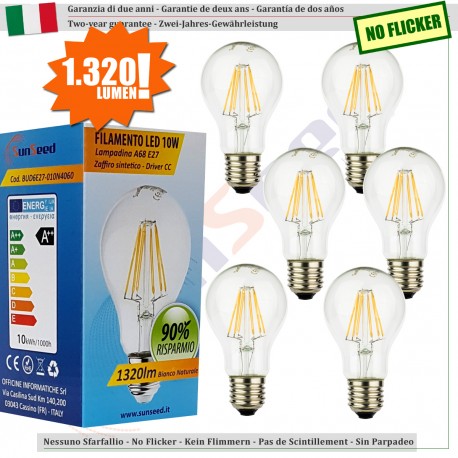 6 X Lampada Goccia SunSeed 10W a Filamento LED E27 Luce Naturale 4000K