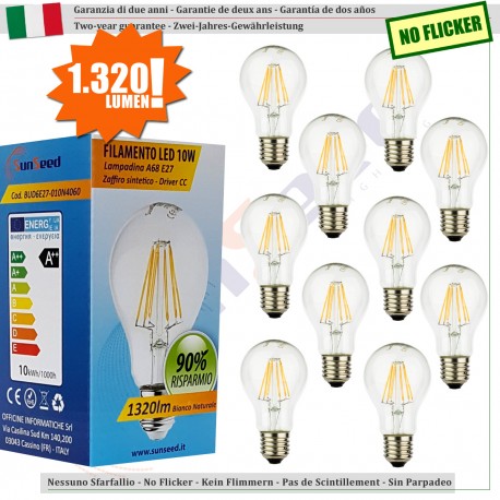 10 X Lampada Goccia SunSeed 10W a Filamento LED E27 Luce Naturale 4000K