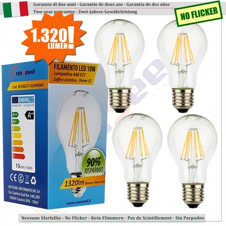 4 X Lampada Goccia SunSeed 10W a Filamento LED E27 Luce Naturale 4000K