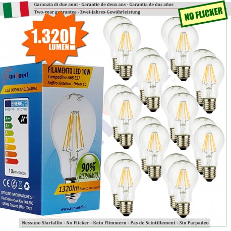 20 X Lampada Goccia SunSeed 10W a Filamento LED E27 Luce Naturale 4000K