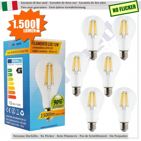 6 X Lampada Goccia SunSeed 12W a Filamento LED E27 Luce Calda 2700K 1500 lumen