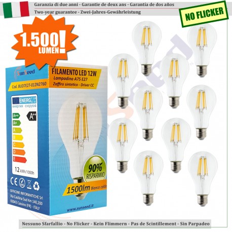 10 X Lampada Goccia SunSeed 12W a Filamento LED E27 Luce Calda 2700K 1500 lumen