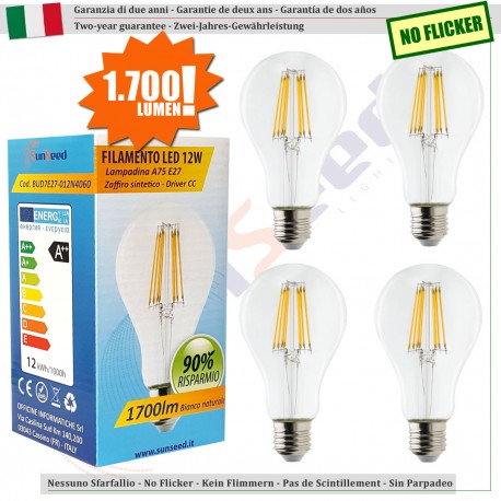 4 X Lampada Goccia SunSeed 12W a Filamento LED E27 Luce Naturale 4000K 1700 lumen