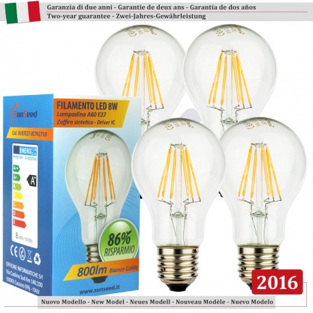 4 X Lampada Goccia SunSeed 8W a Filamento LED E27 Luce Calda 2700K