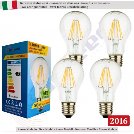 4 X Lampada Goccia SunSeed 8W a Filamento LED E27 Luce Naturale 4000K