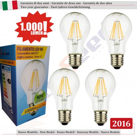4 X Lampada Goccia SunSeed 9W a Filamento LED E27 Luce Calda 2700K