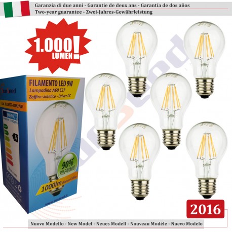 6 X Lampada Goccia SunSeed 9W a Filamento LED E27 Luce Calda 2700K