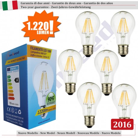 6 X Lampada Goccia SunSeed 10W a Filamento LED E27 Luce Calda 2700K