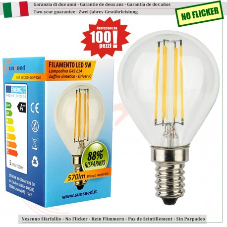 SunSeed, 100 X E14 5W LAMPADINA LED SFERA G45 A FILAMENTO LED IN ZAFFIRO SINTETICO Luce naturale 4000K 600 Lumen 300° Driver IC