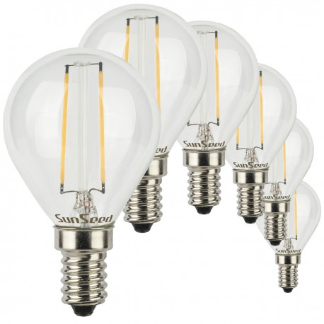 SunSeed, 6 X E14 2W LAMPADINA LED SFERA G45 A FILAMENTO LED IN ZAFFIRO SINTETICO Luce calda 2700K 250 Lumen 300° Driver IC