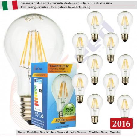 10 X Lampadina Goccia SunSeed 8W a Filamento LED E27 Luce Calda 2700K