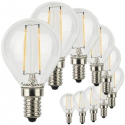 SunSeed, 10 X E14 2W LAMPADINA LED SFERA G45 A FILAMENTO LED IN ZAFFIRO SINTETICO Luce calda 2700K 250 Lumen 300° Driver IC