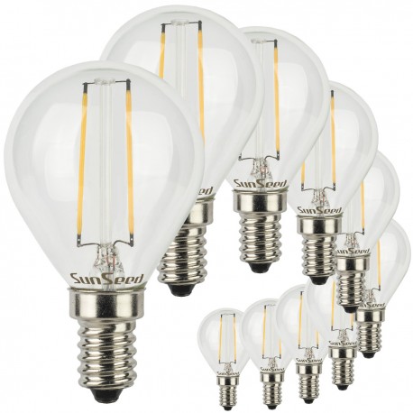 SunSeed, 10 X E14 2W LAMPADINA LED SFERA G45 A FILAMENTO LED IN ZAFFIRO SINTETICO Luce calda 2700K 250 Lumen 300° Driver IC