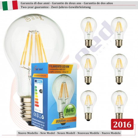 6 X Lampadina Goccia SunSeed 8W a Filamento LED E27 Luce Calda 2700K