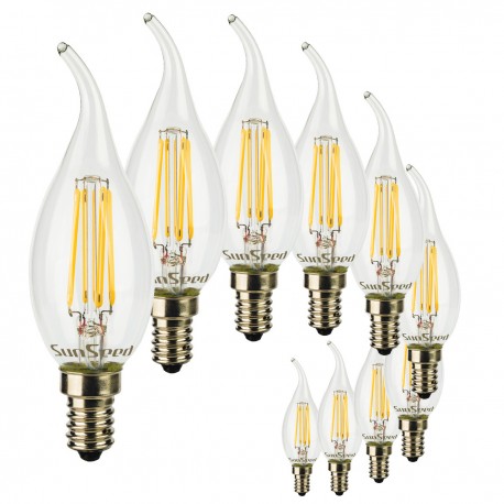 SunSeed, 10 X E14 6W LAMPADINA LED COLPO DI VENTO C35TA A FILAMENTO LED IN ZAFFIRO SINTETICO Luce Naturale 4000K 806 Lumen 300° 
