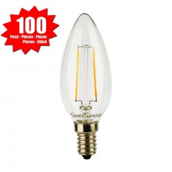 100 X Lampadina Candela SunSeed 3W a Filamento LED in Zaffiro Sintetico E14 Luce Calda 2700K