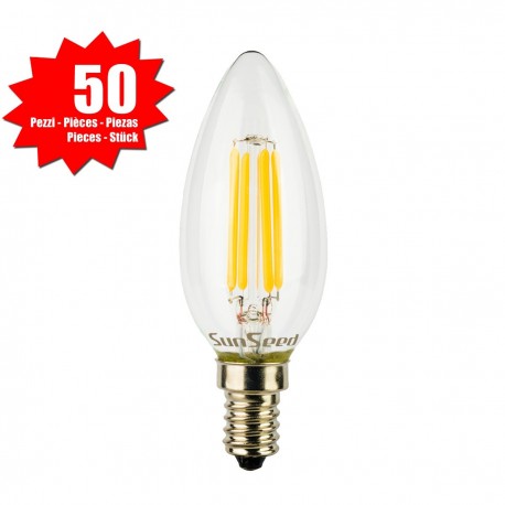 50 X Lampadina Candela SunSeed 4W a Filamento LED in Zaffiro Sintetico E14 Luce Calda 2700K
