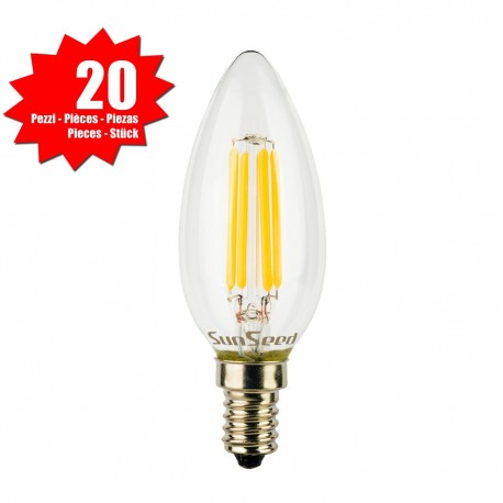 SunSeed, 20 X E14 4W LAMPADINA LED CANDELA C35 A FILAMENTO LED IN ZAFFIRO SINTETICO Luce calda 2700K 470 Lumen 300°