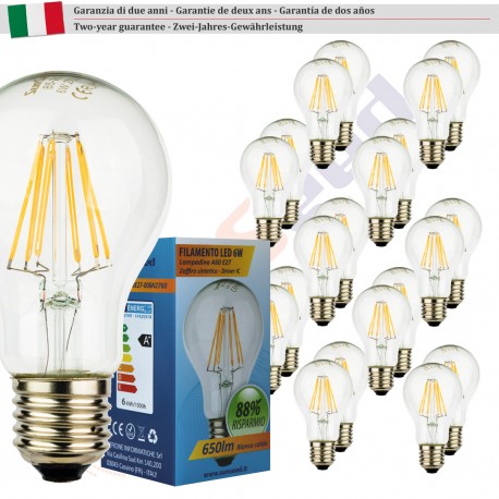 20 X Lampadina Goccia SunSeed 6W a Filamento LED in Zaffiro Sintetico E27 Luce Calda 2700K